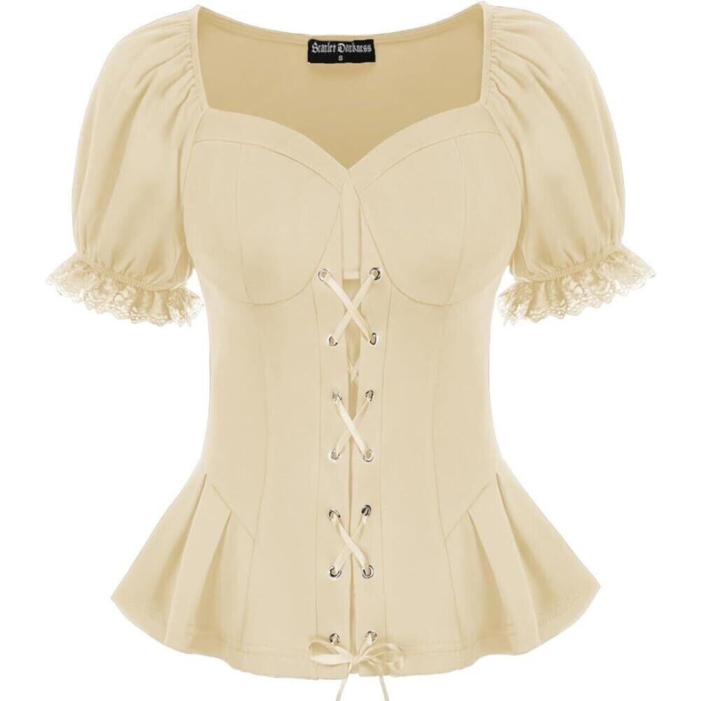 Cottagecore‎ Peasent Renaissance Cream Lace Up Front Top Sz Small